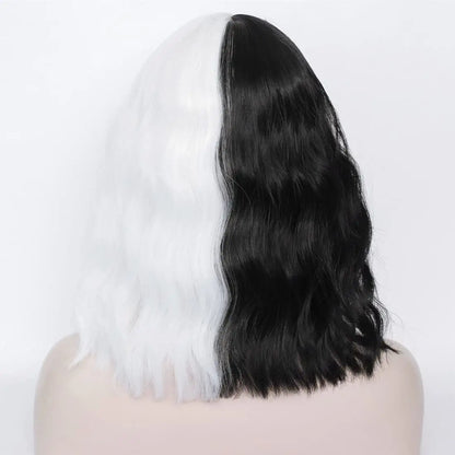 Split Dye Black White Cruella Devil Hair Wig with Bang