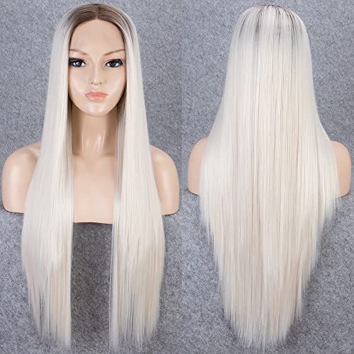 Long Silk Straight Platinum Ombre Blonde Lace Front Wig