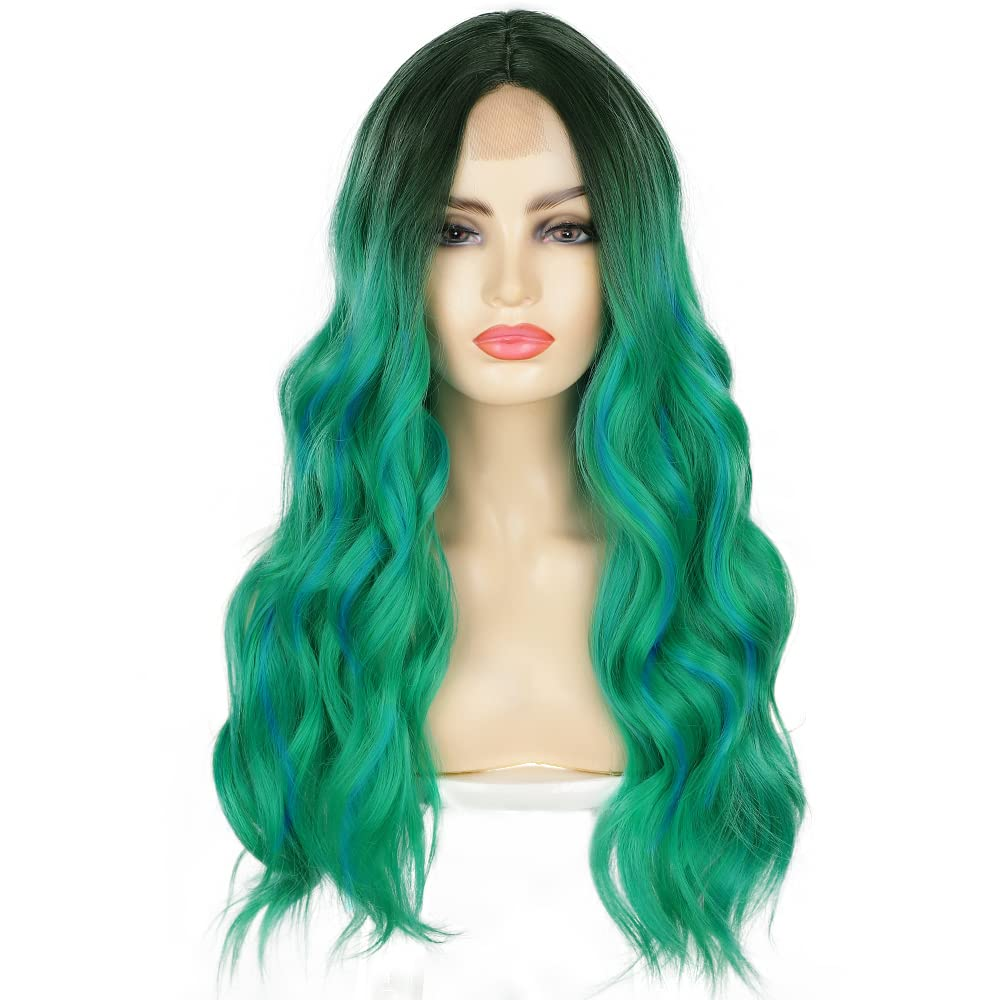Nnzes Ombre Green Wig for Women Synthetic Long Wavy Wig Middle Part Hair Replacement Wigs 22 Inch Heat Resistant Fiber for Daily Use