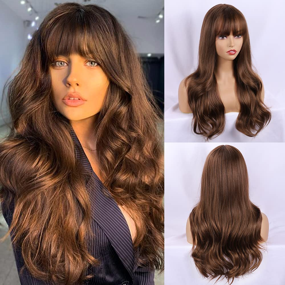  Long Light Brown Wavy Wigs With Bang