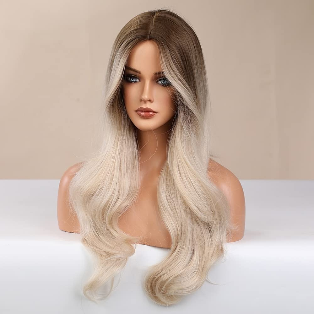Long Natural Wave Ombre Dark Brown Blonde Full None Lace Wig 