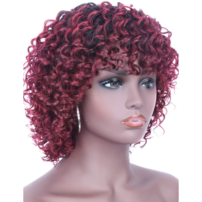 12 Inch Short Bob Wine Red Curly Human Hair Wig With Bangs