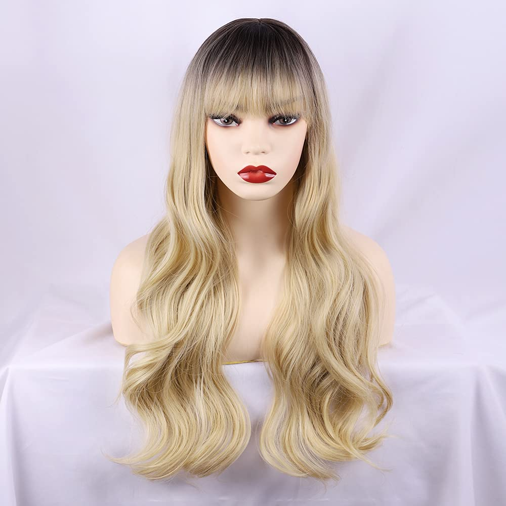 Long Ombre Blonde Non Lace Wig with Bangs 