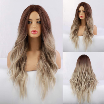  Ombre Brown Ash Blonde Long Curly Wavy Full Cap Wig 