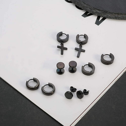  9 Pairs Stainless Steel Stud Huggie Hoop Earrings for Women Mens Black Cross Triangle Dangle Earrings Punk Style Goth Earrings Set