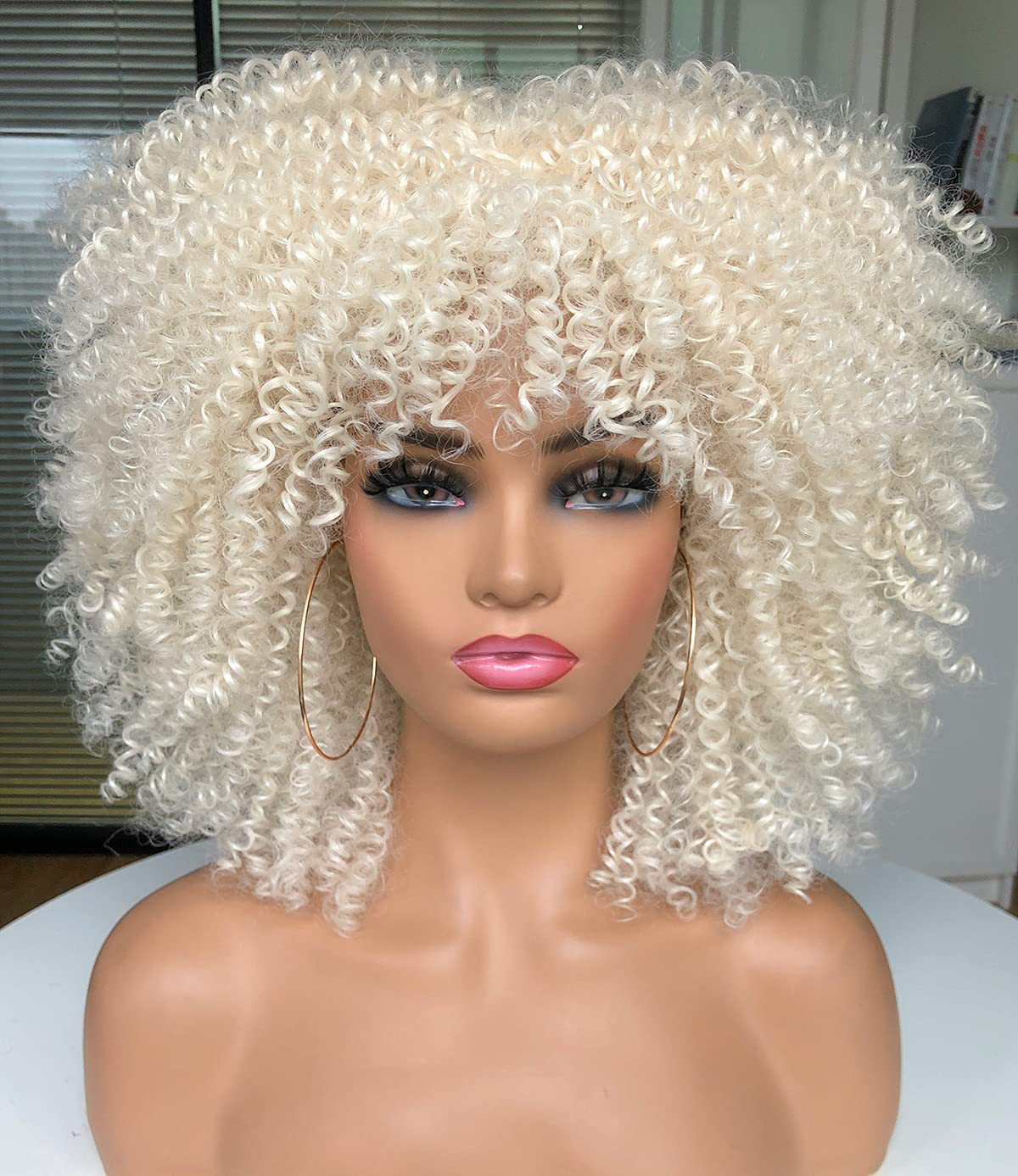 Platinum White Bob KInky Curly Wig with Bangs 