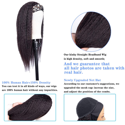 Natural Black Kinky Straight Headband  Human Hair Wig|14 Inch