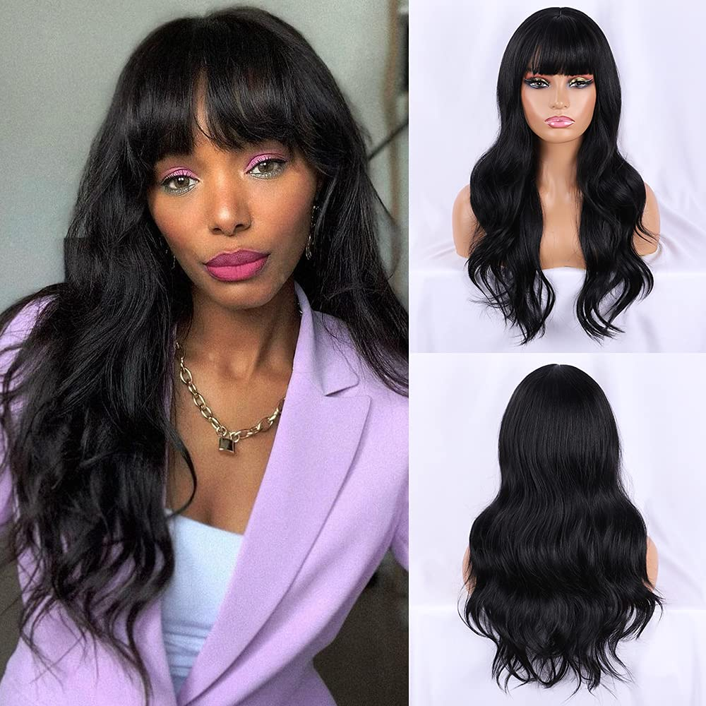 Long Silky Wavy Wigs with Bangs |24 Inch,Natural Black