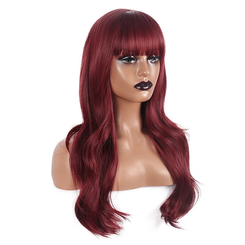 Red Wine Long Wavy Wig With Bangs