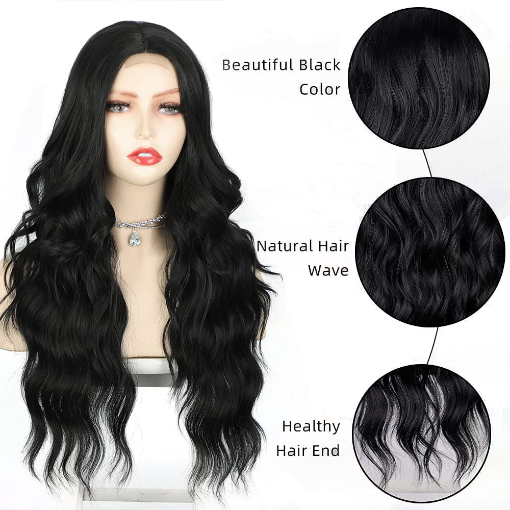 Lativ Long Black Wavy Wig for Women Middle Part Curly Synthetic Hair Natural Looking Heat Resistant Fiber for Daily Party Use