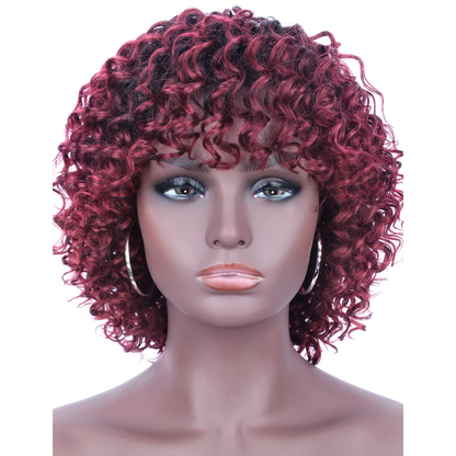 12 Inch Short Bob Wine Red Curly Human Hair Wig With Bangs