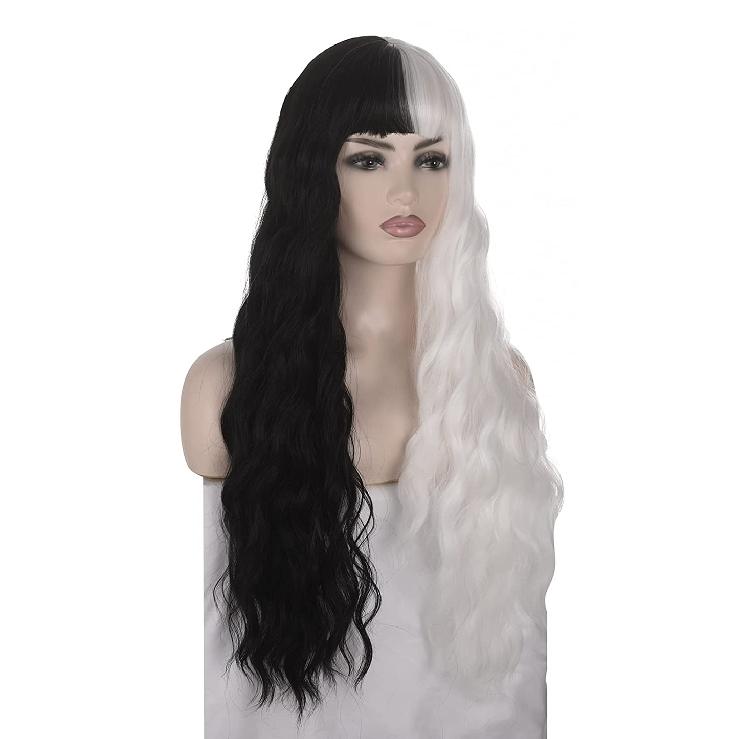 Split Dye White and Black LONG Wavy Full Wig With Bang