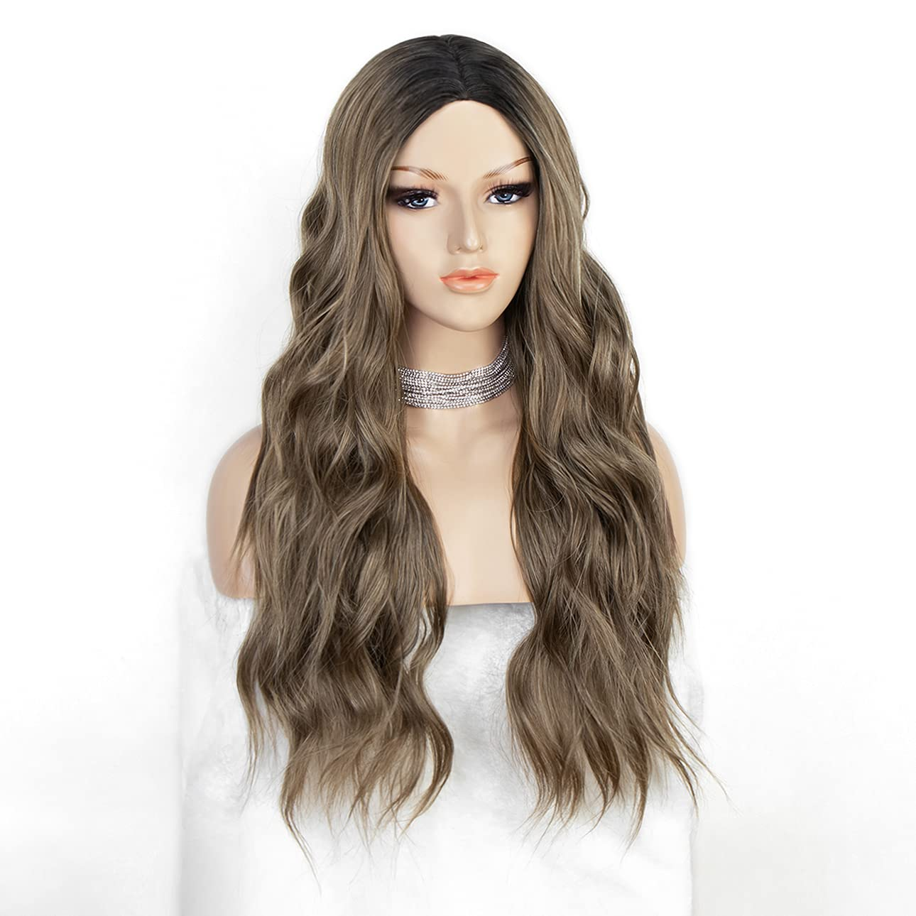 K'Ryssma Long Brown Wig Ombre Wavy Synthteic Wig with Dark Roots Natural Looking Brown Ombre Wig for Women 22 Inches