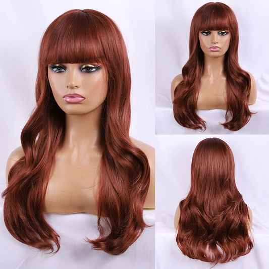  Long Wavy Dark Auburn Wigs for Women DragQueen Bang Wig 