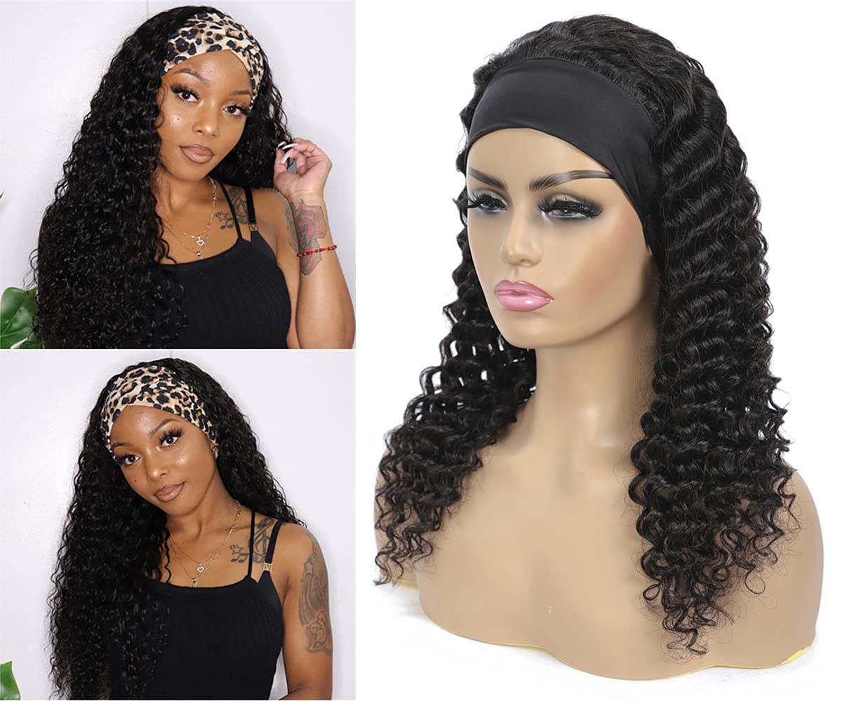 Short Curly Deep Wave Headband Brazilian Virgin Hair Wig | Natural Color|16 Inch Headband Wig Natural Color|16 Inch Headband Wig