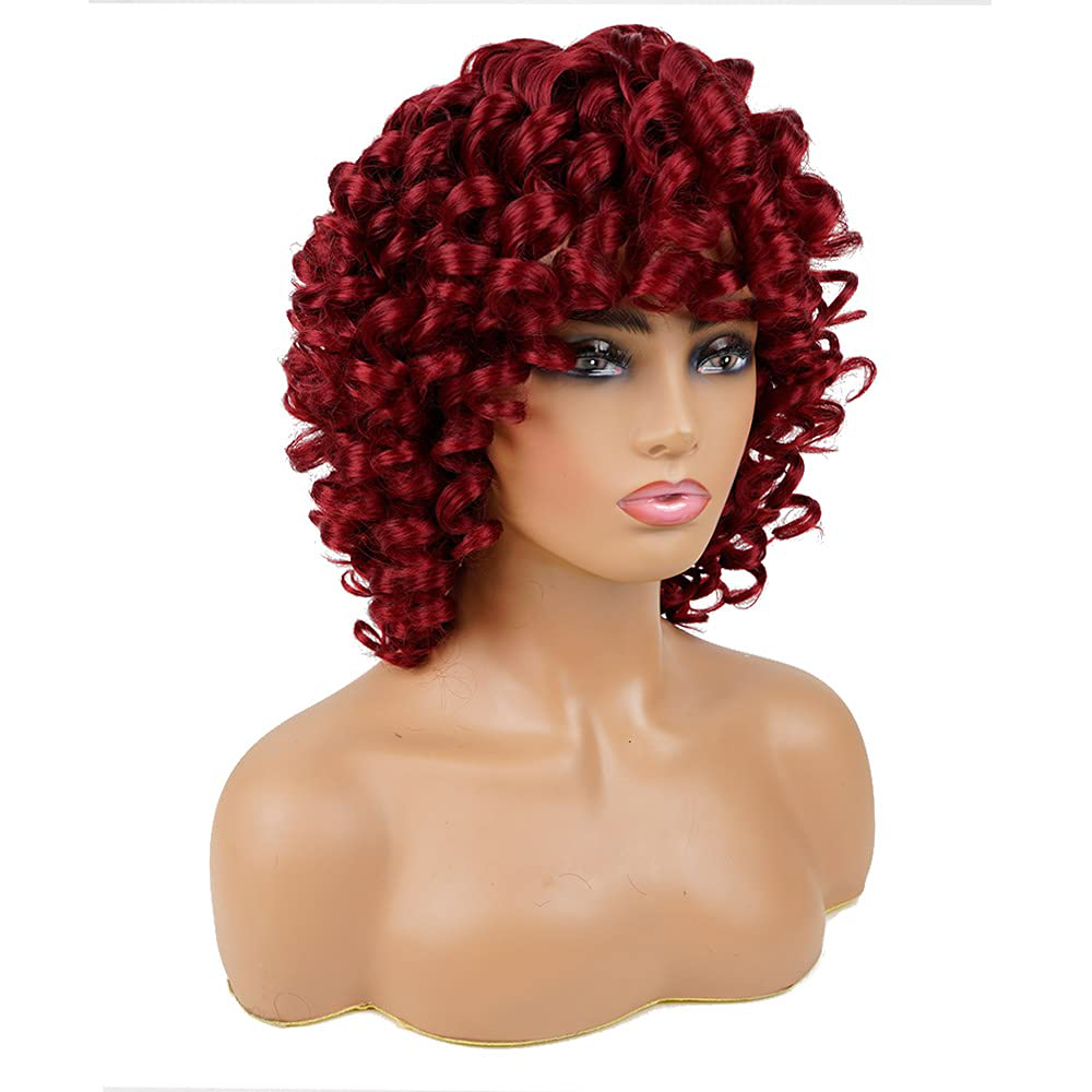 Short Loose Curly Wigs Fluffy Weave Curl Afro Synthetic Hair Wig Natural Daily Half Wigs for Black Women and White Women Breathable Rose Net Wigs (Red)