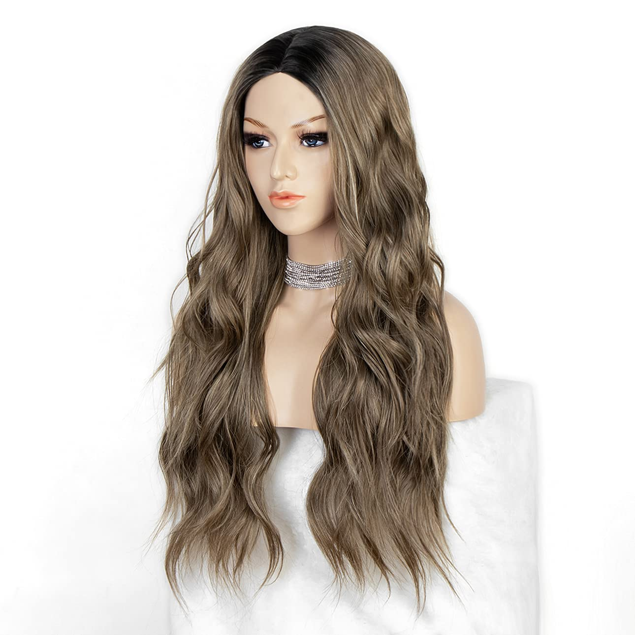 K'Ryssma Long Brown Wig Ombre Wavy Synthteic Wig with Dark Roots Natural Looking Brown Ombre Wig for Women 22 Inches