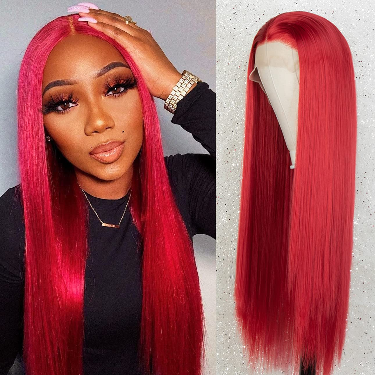  22 Inches RED Long Straight Lace Front Wig 