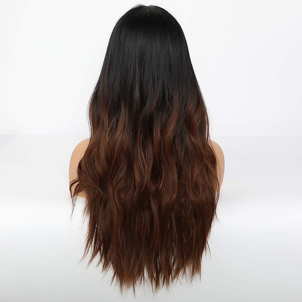Long Ombre Black Brown Natural Wavy Wig 