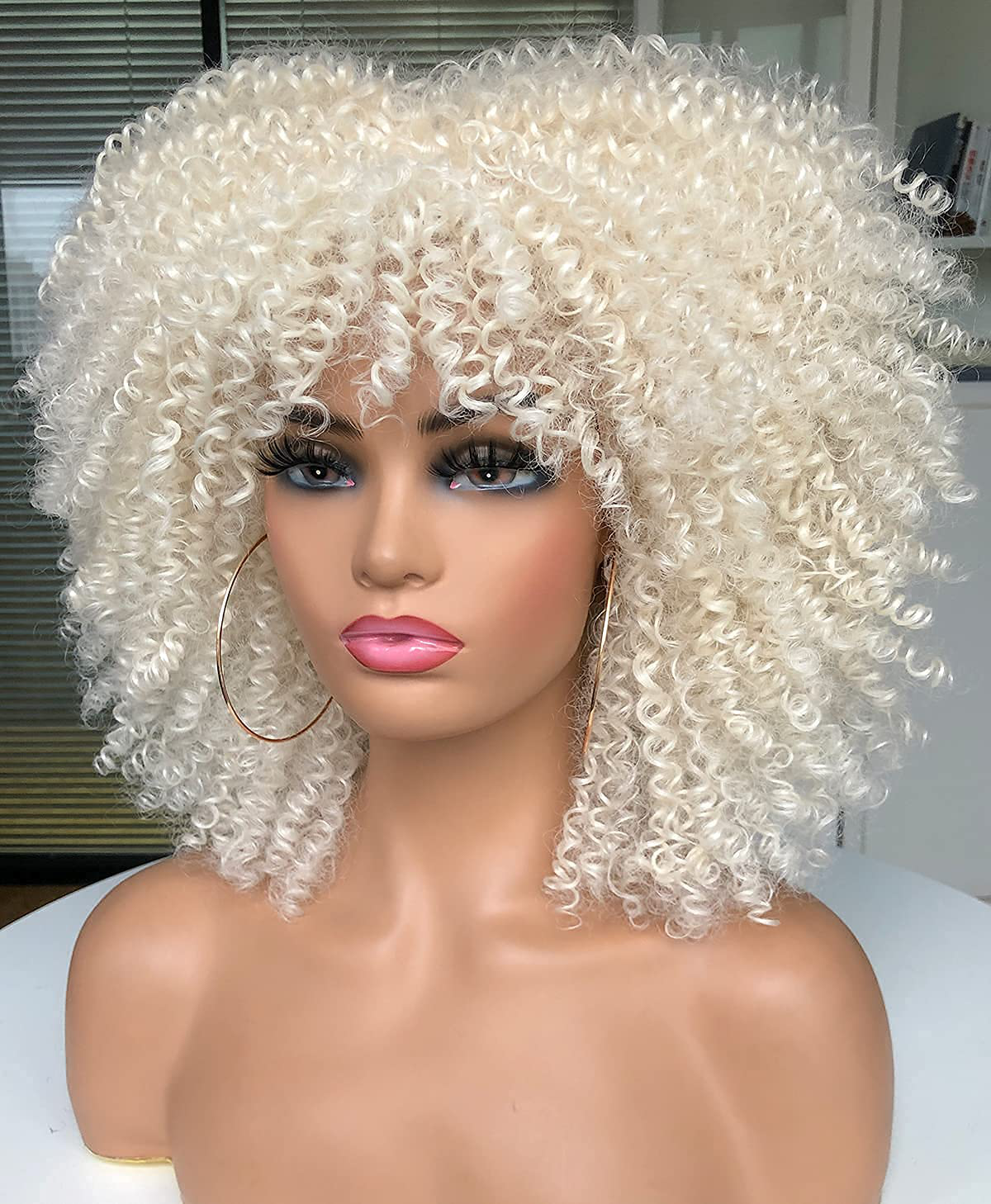 Platinum White Bob KInky Curly Wig with Bangs 