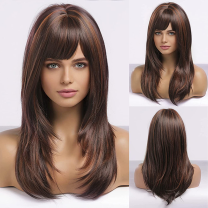 Long Straight Brown Highlight Wig with Bangs