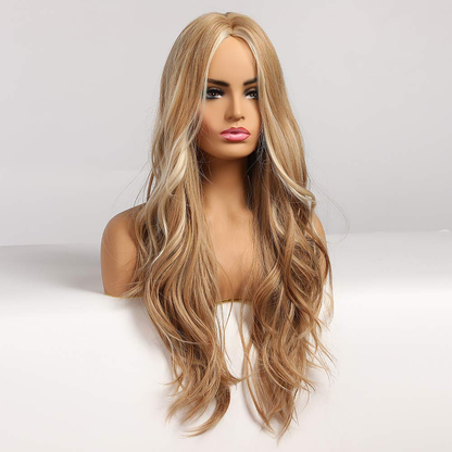26Inch Long Blonde Natural Wavy Middle Part Wig 