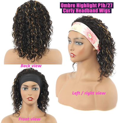 12Inch Short Bob Ombre Highlight Human Hair Curly Headband Wigs,Short Bob Ombre Highlight Human Hair Curly Headband Wigs