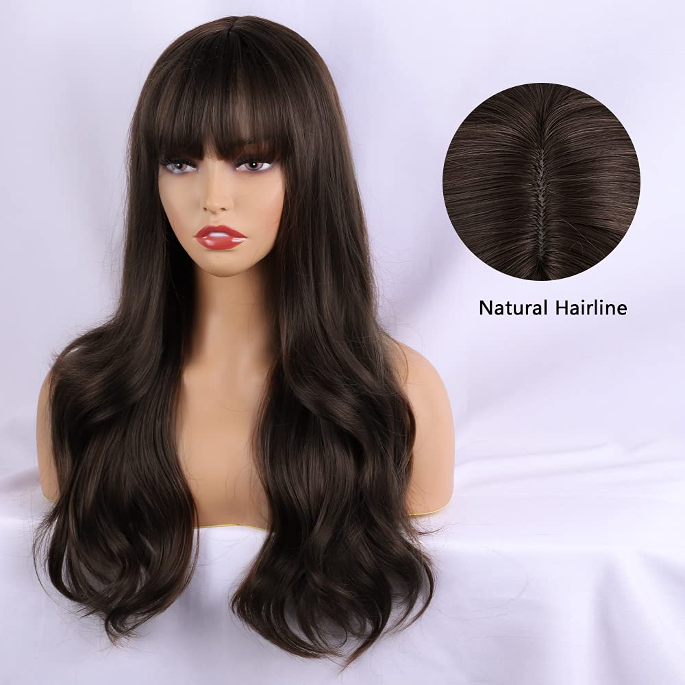 Dark Brown Long Wavy Wigs With Bang for Women 