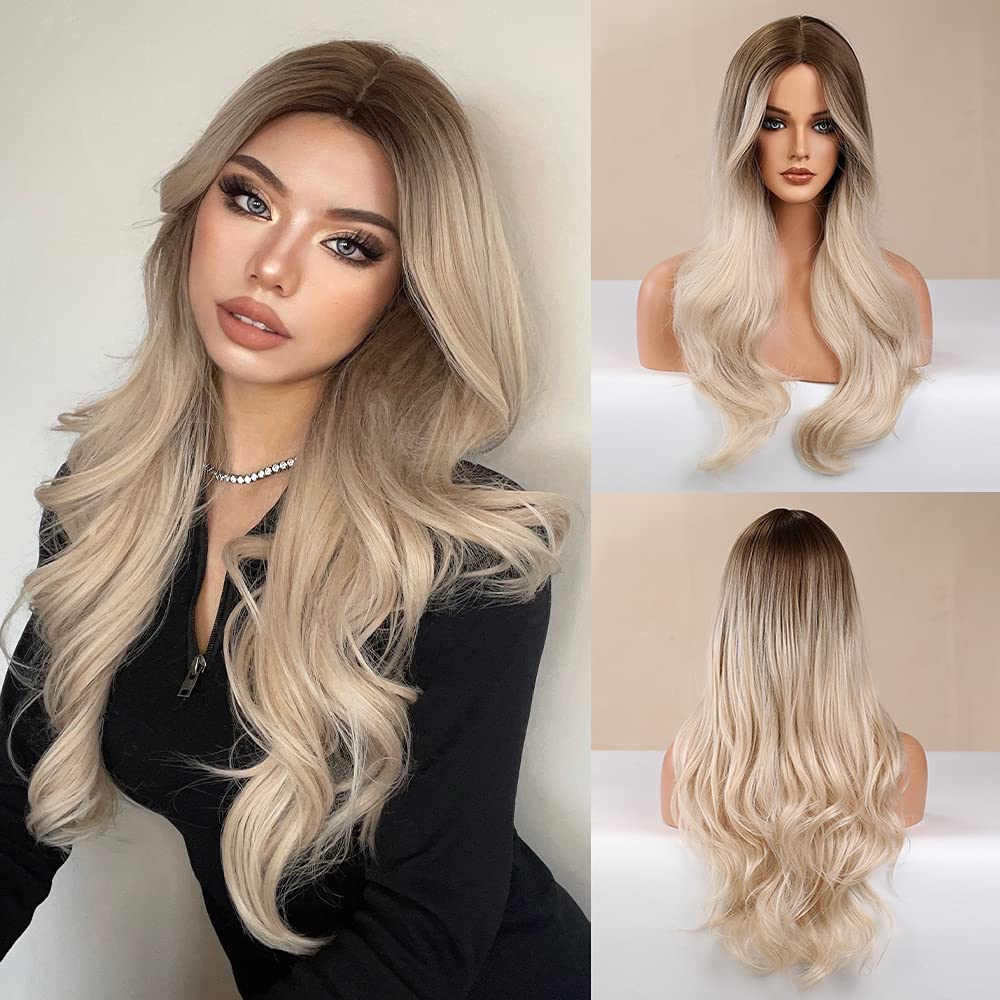 Long Natural Wave Ombre Dark Brown Blonde Full None Lace Wig 