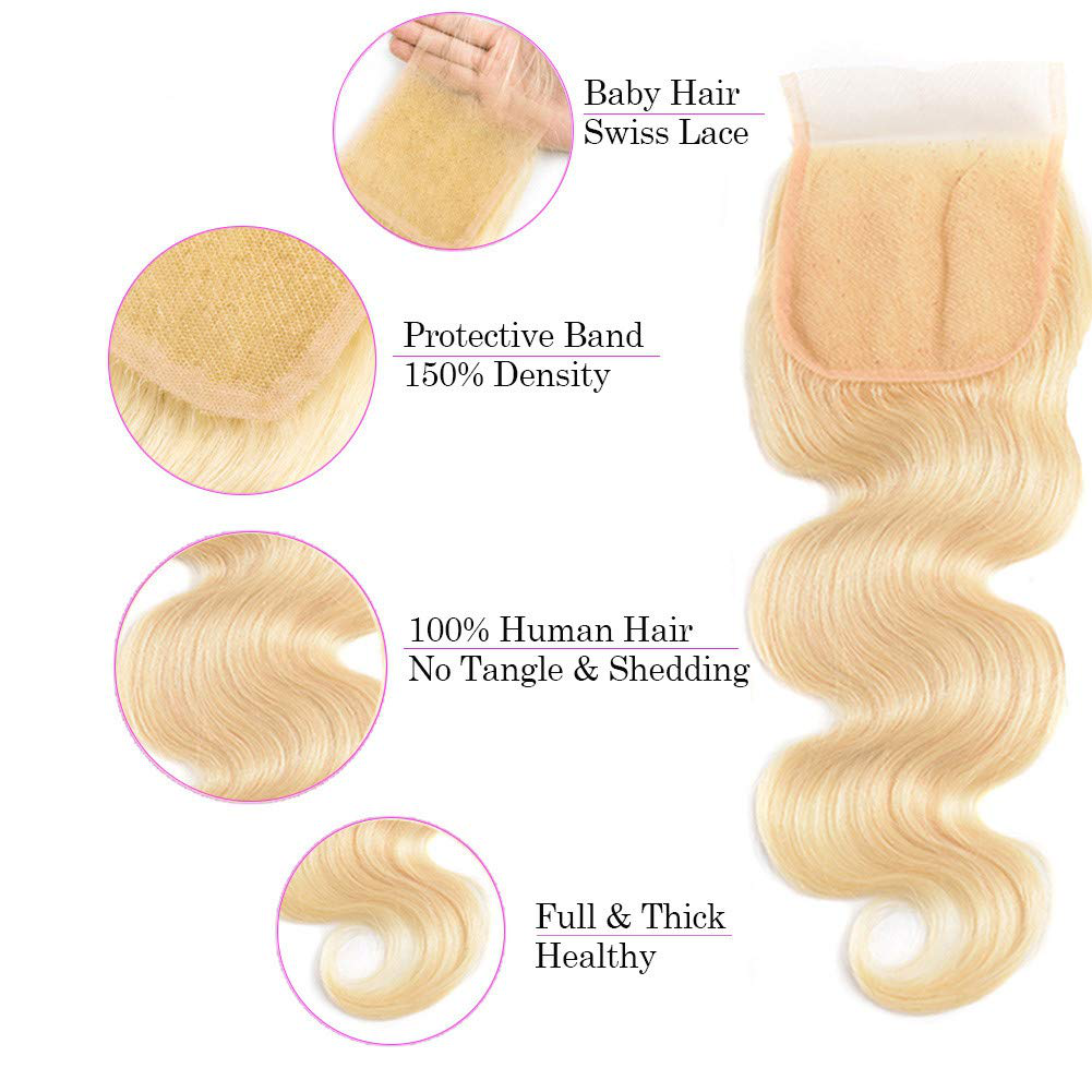 Body Wave Brazilian Human Hair Weave Bundles with Closure Virgin Hair |613 Blonde Hair 