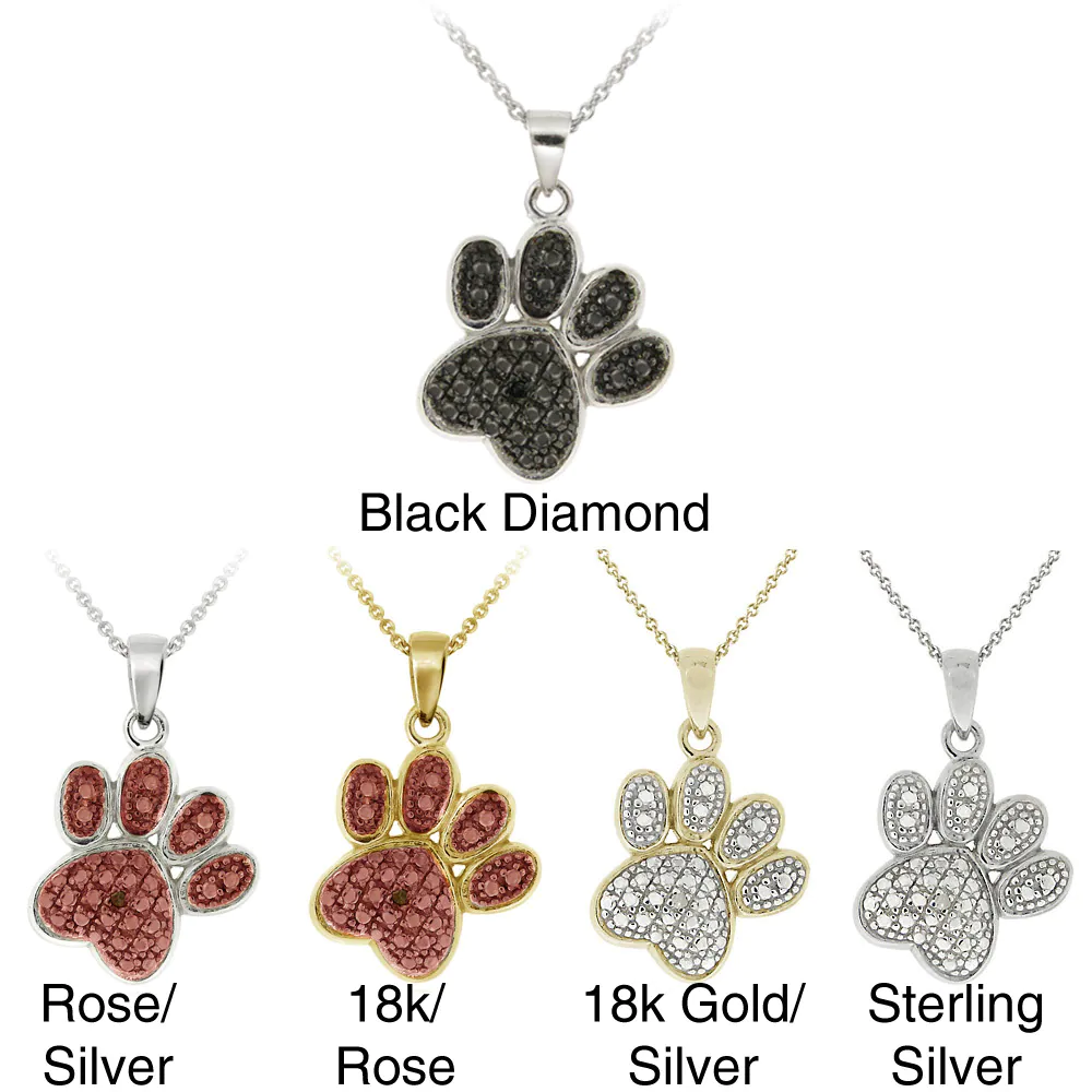  Black Diamond Accent Paw Print Silver Necklace