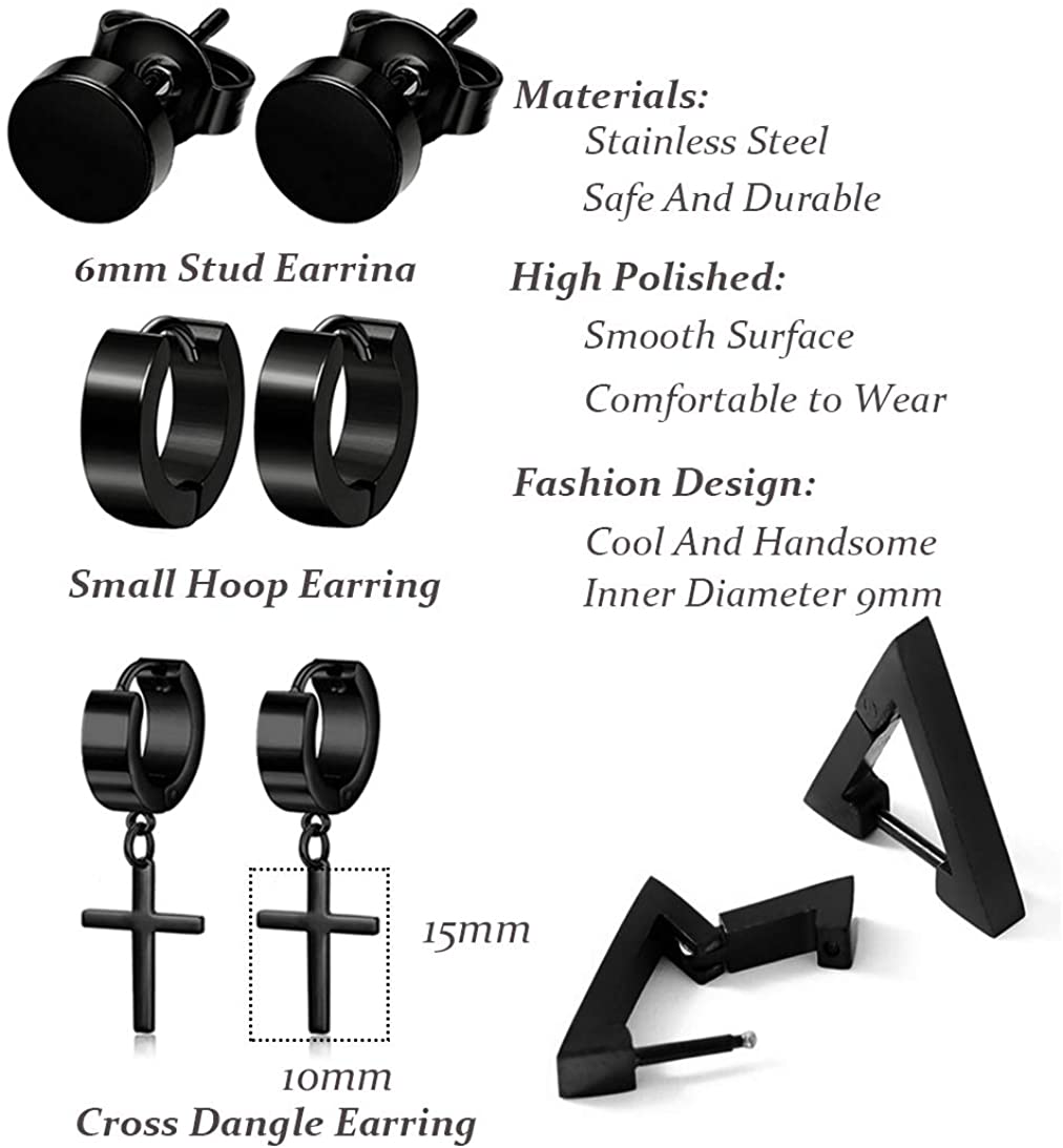  9 Pairs Stainless Steel Stud Huggie Hoop Earrings for Women Mens Black Cross Triangle Dangle Earrings Punk Style Goth Earrings Set