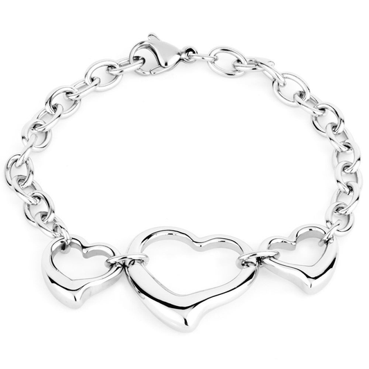 High-Polish Stainless Steel Three Open Hearts Charm Bracelet