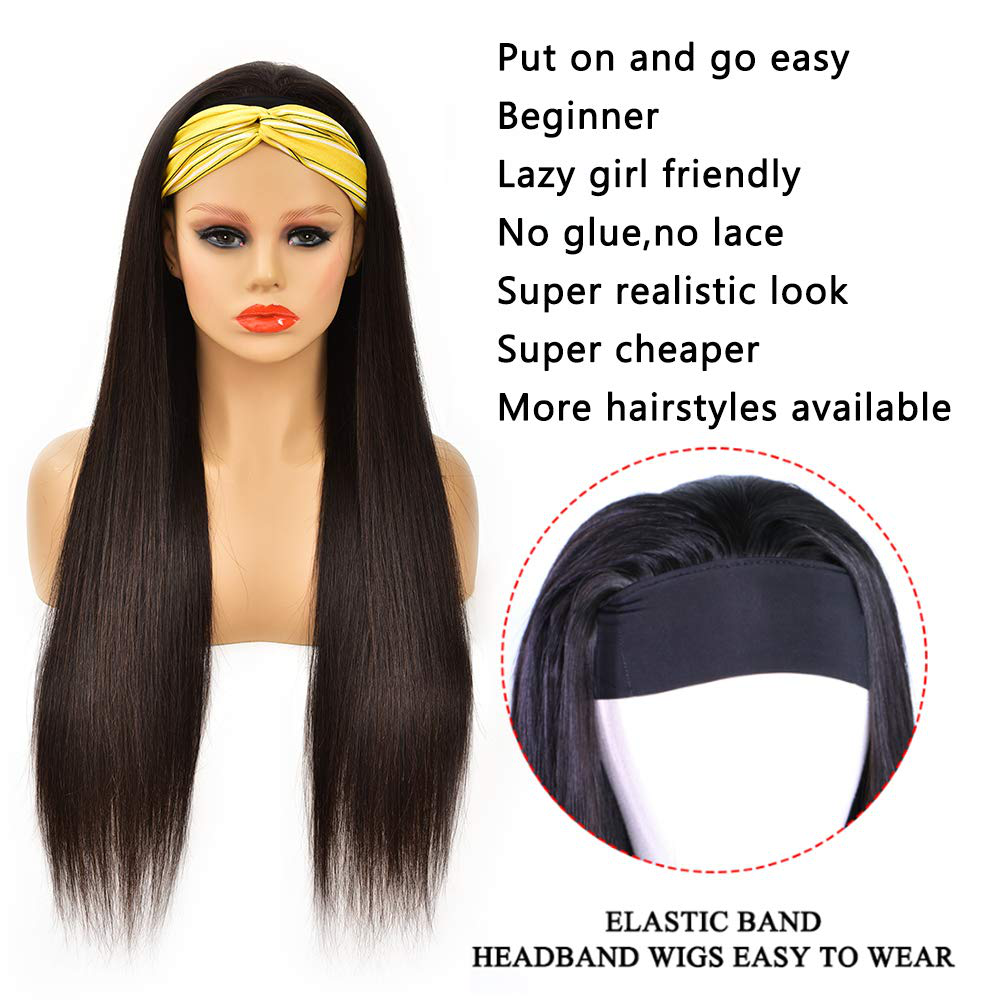 30inch Long Straight Human Hair Headband Wigs 