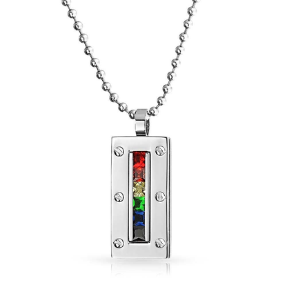 Colorful Gay Pride CZ Rainbow LGBT Dog Tag Pendant Necklace for Men for Women Silver Tone Stainless Steel with Chain