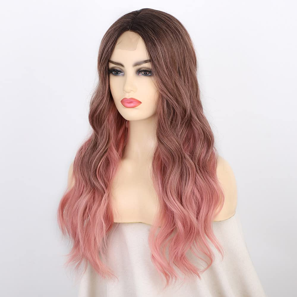 Nnzes Ombre Pink Wigs for Women Synthetic Long Wavy Wig Middle Part Hair Replacement Wigs 22 Inch Heat Resistant Fiber for Daily Use