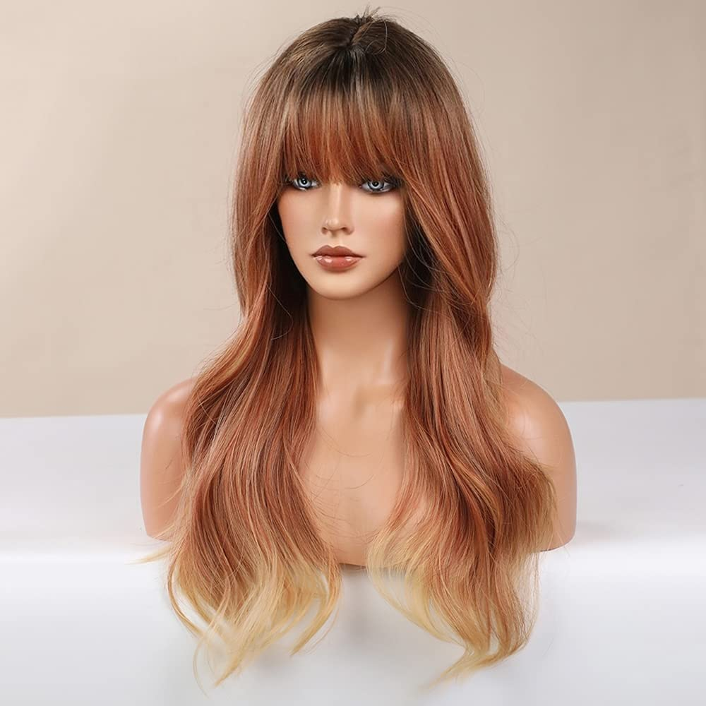 Long Wavy Ombre Strawberry Blonde Full Bang Wigs for Women