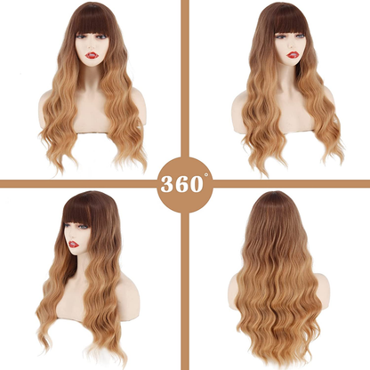 Long Dark Roots Ombre Brown Curly Wavy Wig 