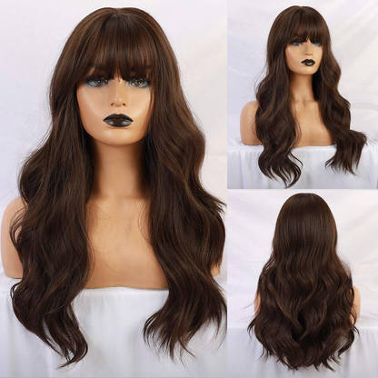 Long Natural Wavy Brunette Wigs With Bangs 