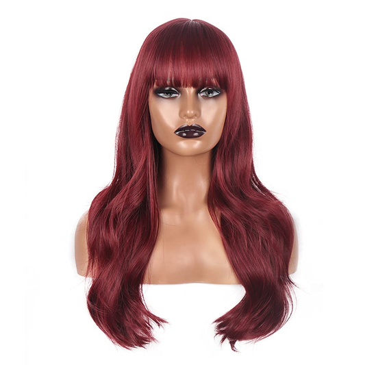 Red Wine Long Wavy Wig With Bangs