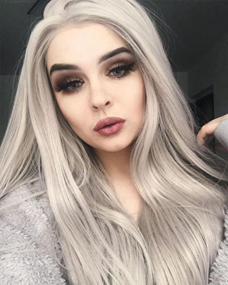 Silver Gray Long Natural Straight Lace Front Wig 