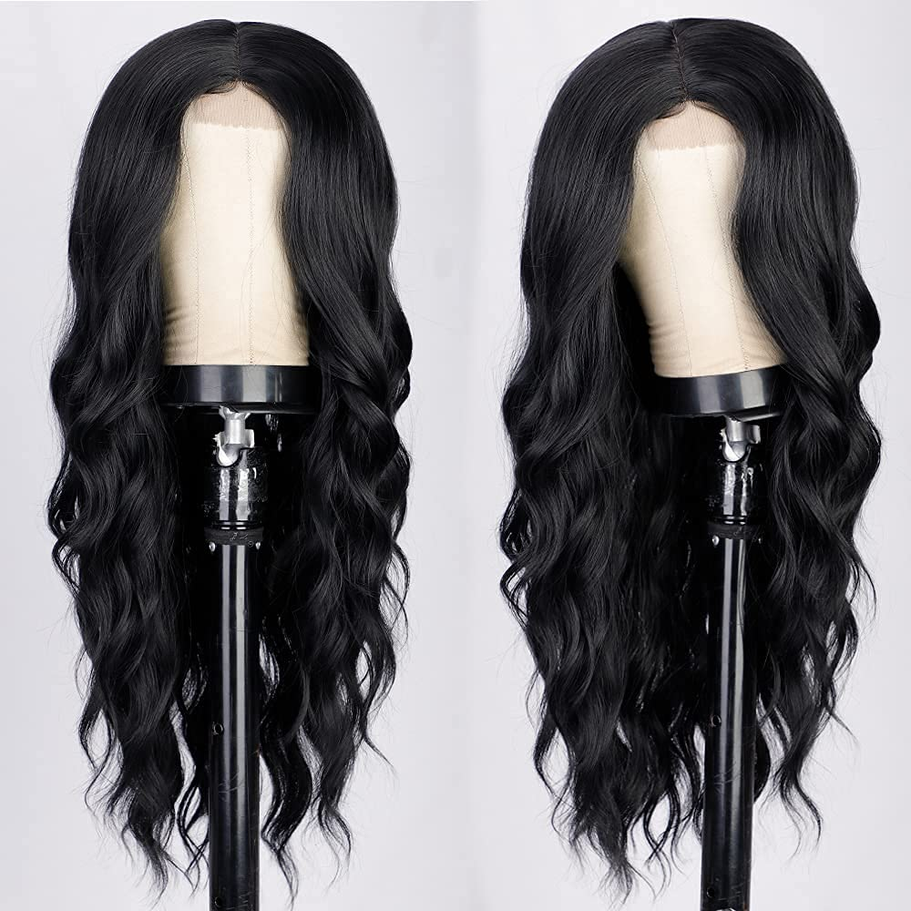 Lativ Long Black Wavy Wig for Women Middle Part Curly Synthetic Hair Natural Looking Heat Resistant Fiber for Daily Party Use
