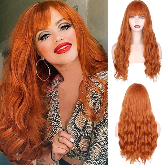  24 Inches Long Wavy Orange Wig with Bangs For Women