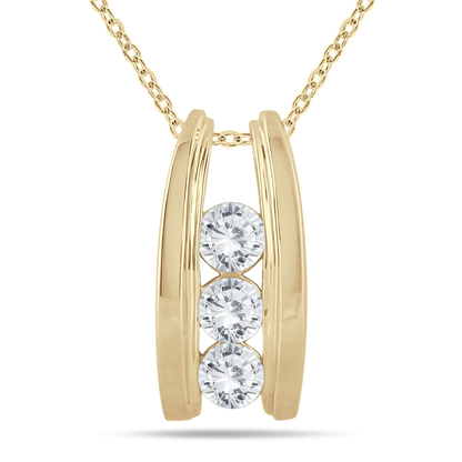 14K Yellow Gold 1Ct TDW Diamond Ladder 3-Stone Necklace