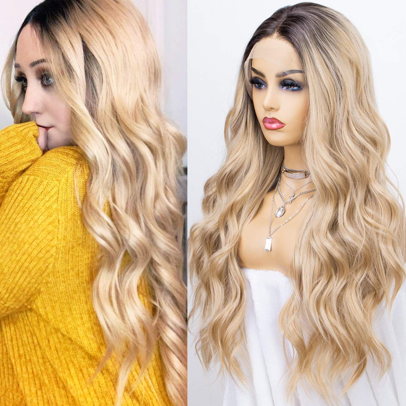  Ombre Blonde Long Wavy Lace Front Wig