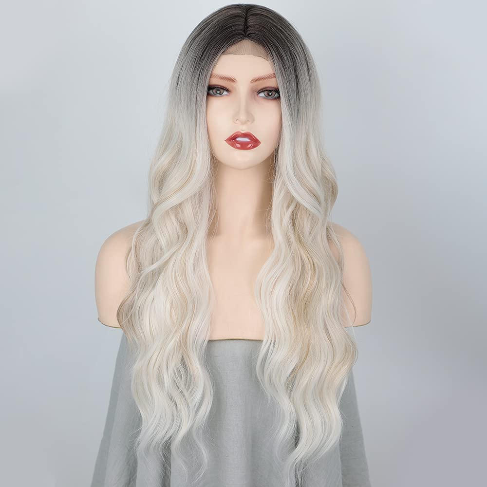 Ombre Platinum Blonde Middle Part Wavy Curly Wig