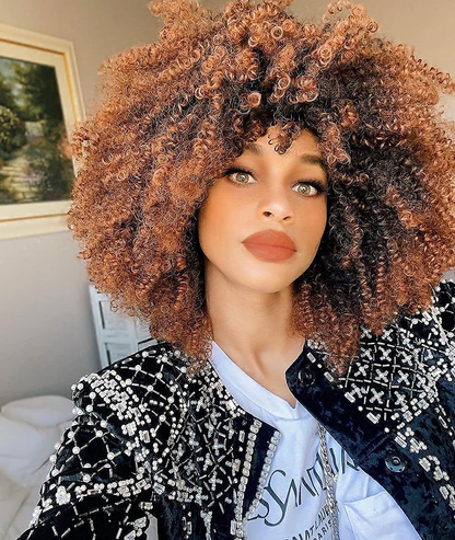 Ombre Brown 14 Inch Short Bob Kinky Curly Full Wig 