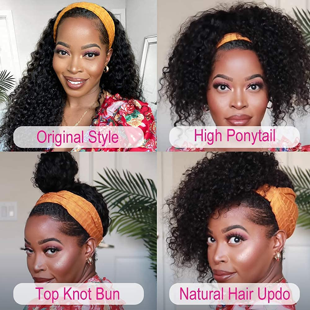 12Inch Short Bob Curly Brazilian Virgin Human Hair Headband Wig| Natural Black Color,Natural Black Color