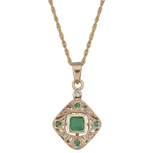 Viducci 10K Yellow Gold Vintage Style Emerald and Diamond Necklace