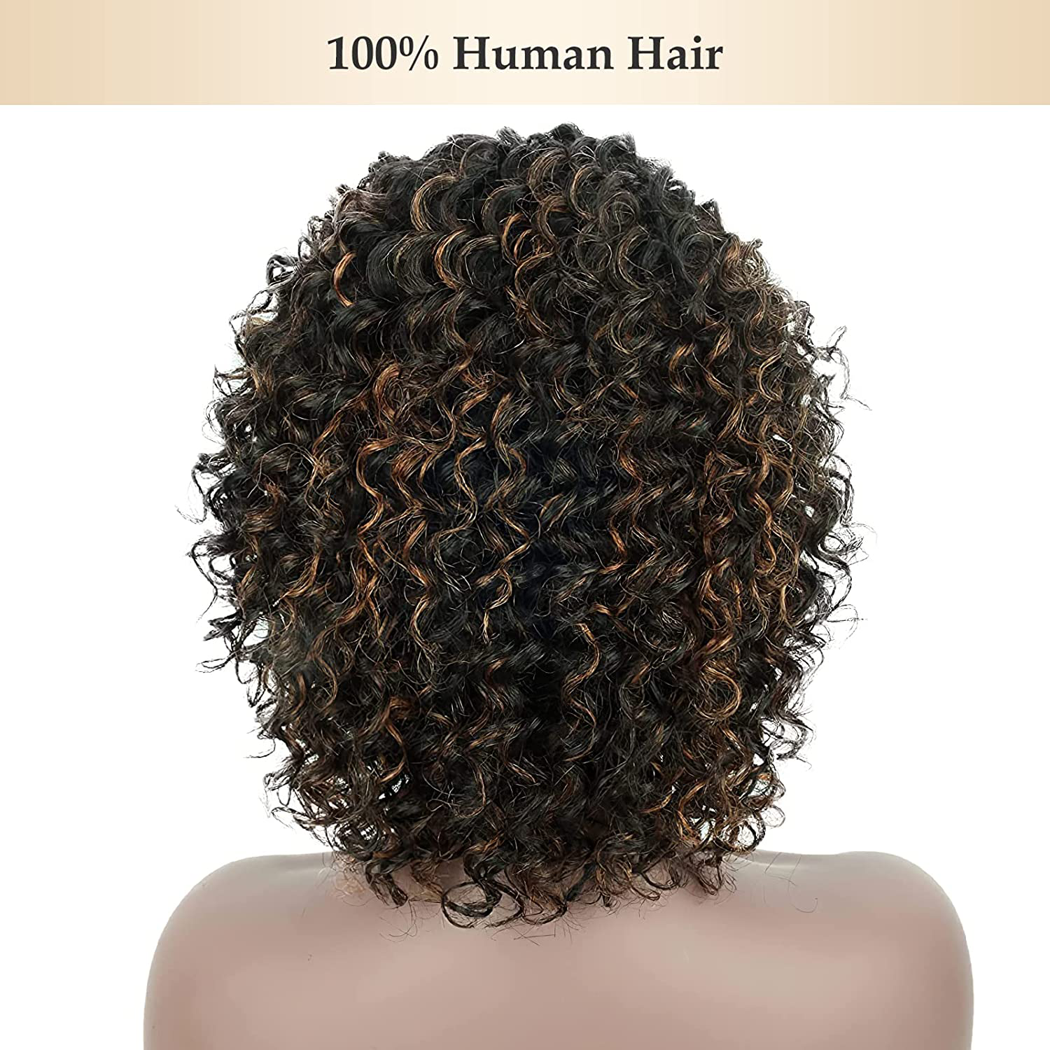 Short Black Brown Highlights Full Human Hair Wig with Hair Bangs